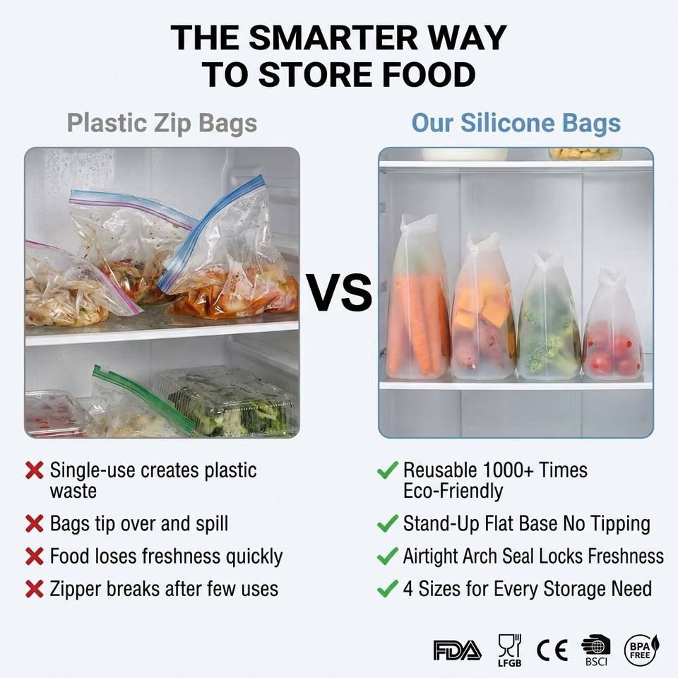 Bolsa de almacenamiento de alimentos de silicona 100%, contenedor de alimentos reutilizable para tienda de cocina, apto para lavavajillas, a prueba de fugas y congelaci&oacute;n
