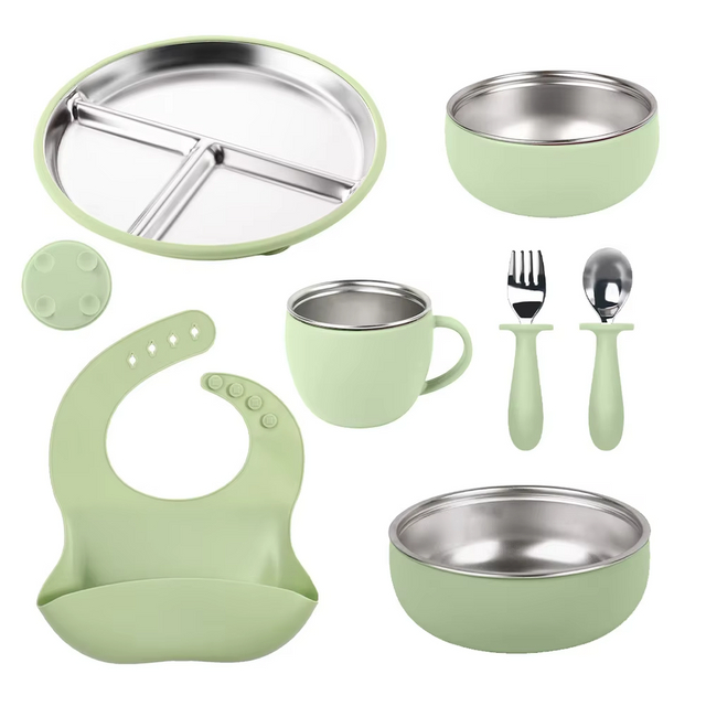 Wellfine Children Food Container Kids Dining Silicone Stainless Steel Insulated Double Wall Baby Feeding Bowl Set