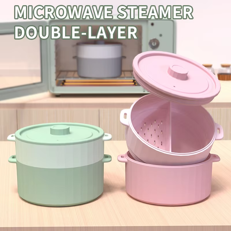 BPA-Free Double-Layer Microwave Vegetable Steamer Eco-friendly Food-Grade Silicone Cover Multi-Functional Steamer Bowl Cooker