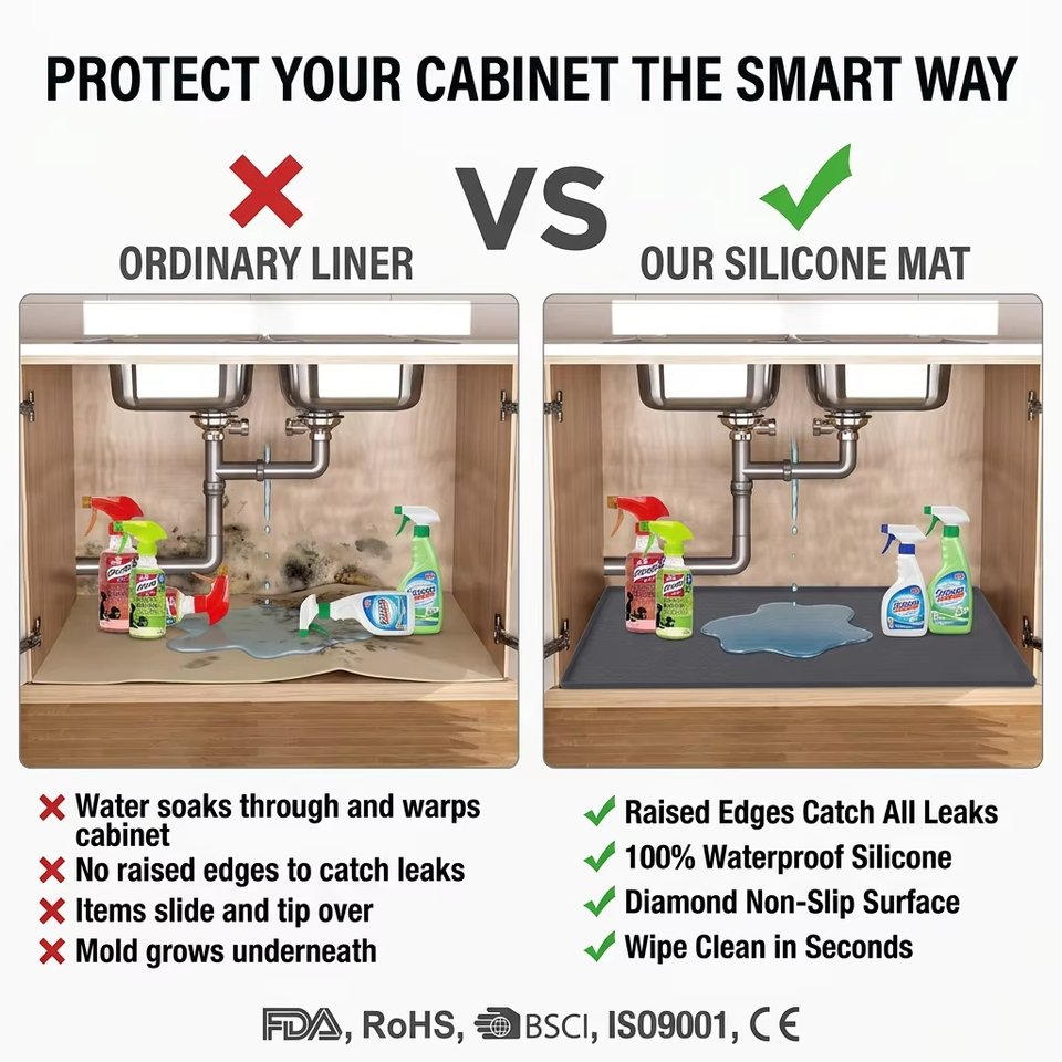 Custom Waterproof Kitchen Sink Mat with Drain Hole Anti-slip Kitchen Cabinet Protector Under Mat Sink Silicone Mat