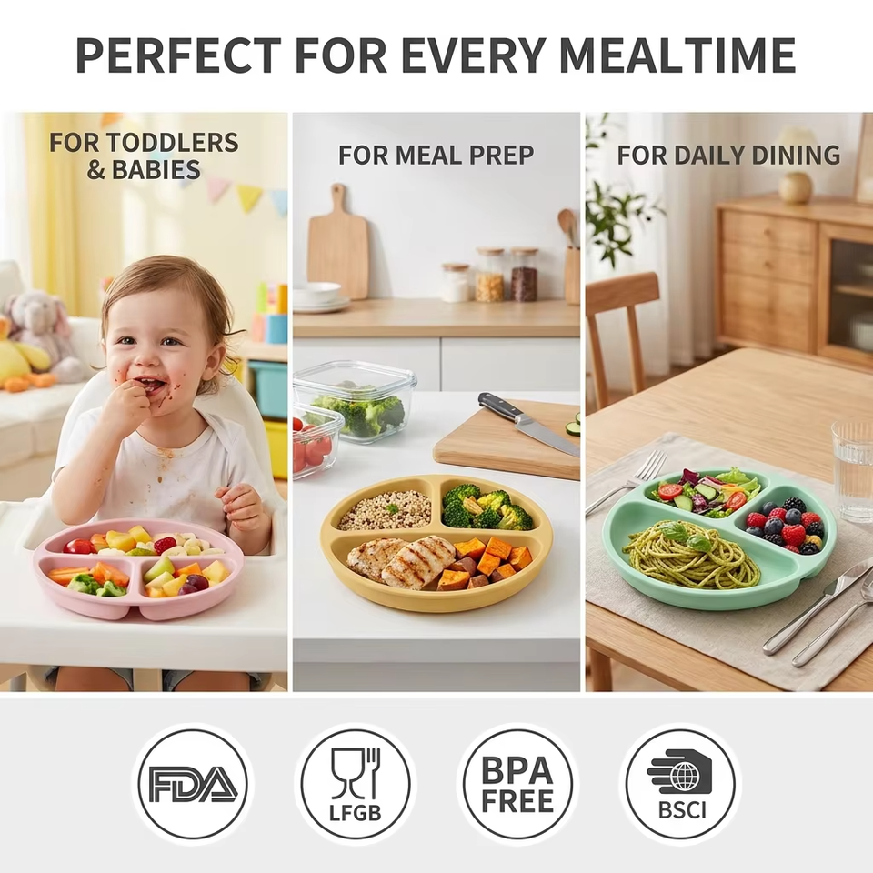 2027 New Bpa Free Silicone Baby Plate With Lid Food Grade Kids Toddler Feeding Suction Divider Baby Silicone Bowl