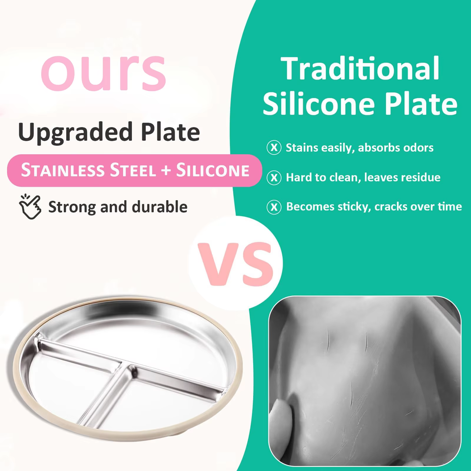 Modern Stainless Steel Waterproof Baby Divided Toddler Plates 9inch with Removable Silicone Sleeves
