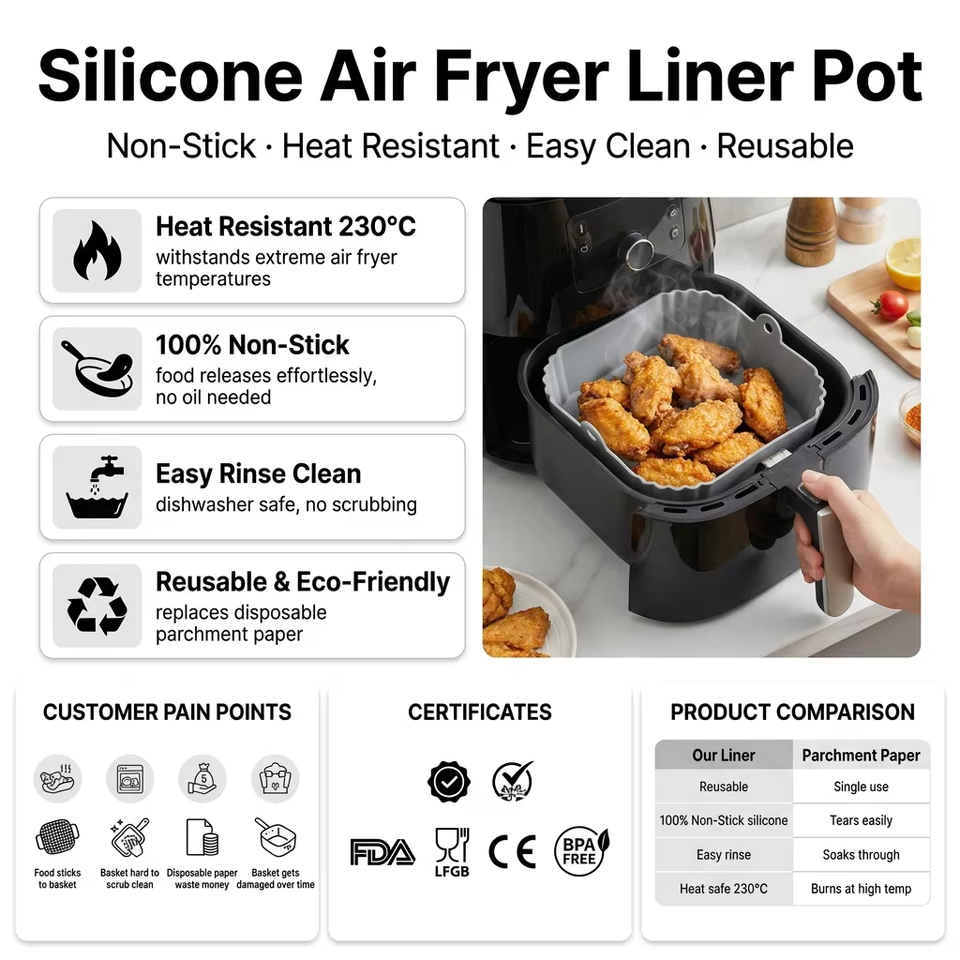 Wholesale BPA-free Air Fryer Silicone Pot Reusable Round Silicone Basket Heat Resistant Easy Cleaning Air Fryer Silicone Liners