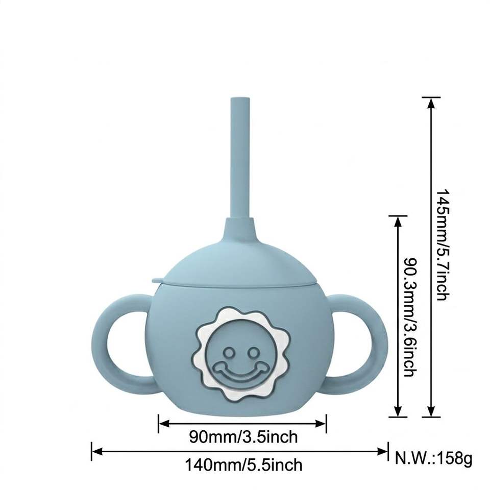 Bpa Free Silicone Drinking Training Cup Cute Toddler Kids Water Bottle Cup Leakproof Baby Sippy Cup with Straw and Handle