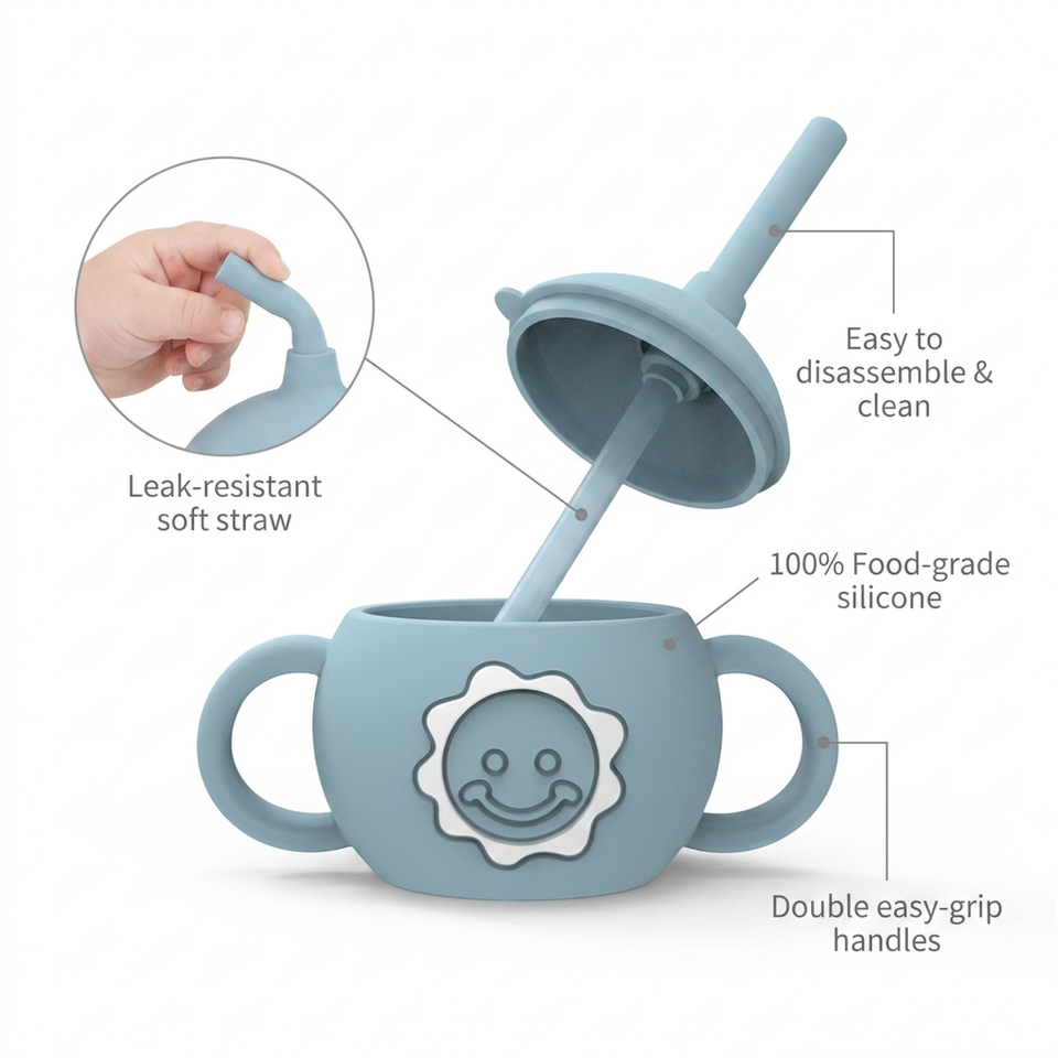 Bpa Free Silicone Drinking Training Cup Cute Toddler Kids Water Bottle Cup Leakproof Baby Sippy Cup with Straw and Handle