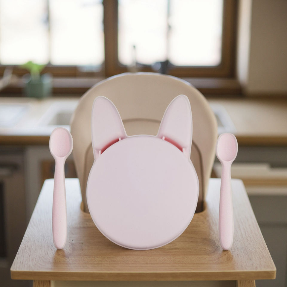 Custom Logo Bunny Rabbit Silicone Baby Feeding Set Manual Driven Plate for 0-12 Months Baby