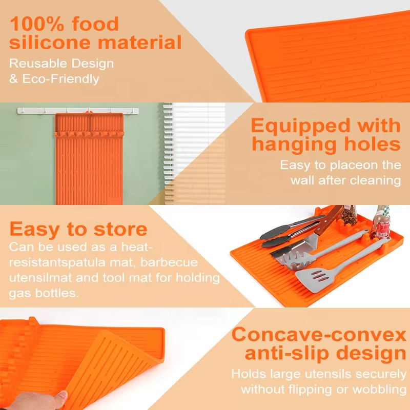Wellfine Silicone Griddle Tools Mat BBQ Caddy Utensils Holder Cooking Countertop Spatula Mat