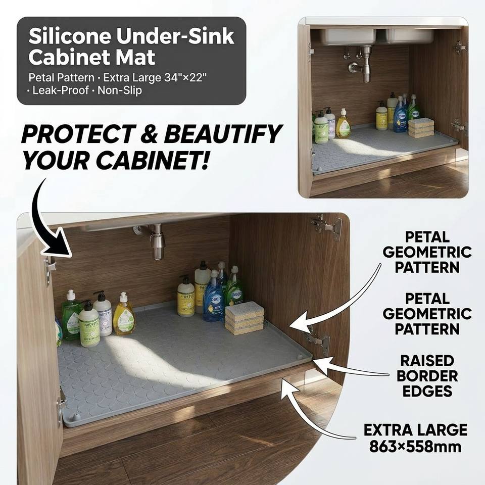 Kitchen Cabinet Liner Multi-Purpose Under Sink Mat Extra Thick Silicone Mat Waterproof with Raised Edge for Kitchen