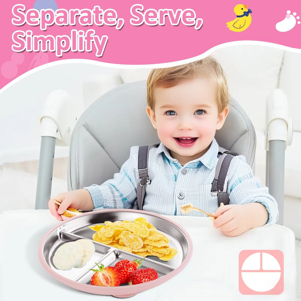 9" Stainless Steel Divided Toddler Plate Removable Silicone Sleeves Non Toxic BPA Free Unbreakable Baby Kids Dining
