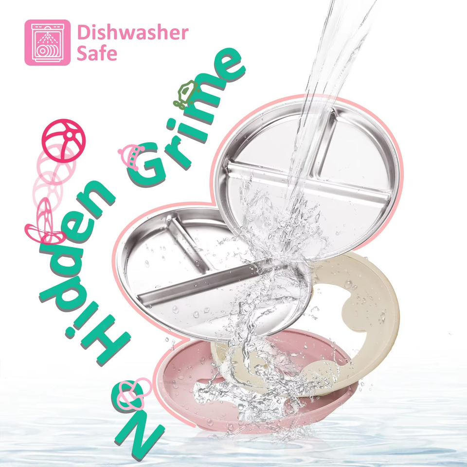 Modern Stainless Steel Waterproof Baby Divided Toddler Plates 9inch with Removable Silicone Sleeves
