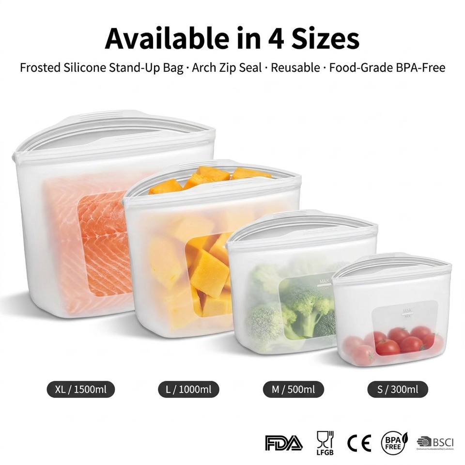 Bolsa de almacenamiento de alimentos de silicona 100%, contenedor de alimentos reutilizable para tienda de cocina, apto para lavavajillas, a prueba de fugas y congelaci&oacute;n